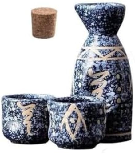 SLLS 酒器セット 陶器 徳利1個 お猪口4個 温酒器付き 日本酒 冷酒 熱燗セット 焼酎 茶用 和風 おしゃれ 宴会 晩酌 上品 退職祝い 誕生日プレゼント (ブルー,徳利1個 ぐい呑み盃2個)