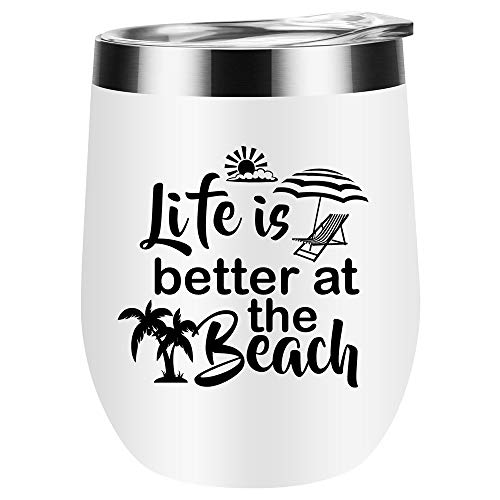 Life is Better at the Beach Wine Tumbler Funny Novelty Stainless Steel Tumbler With Lid For Lover Couples Girlfriend Men Women Gift Anniversary 12 Oz