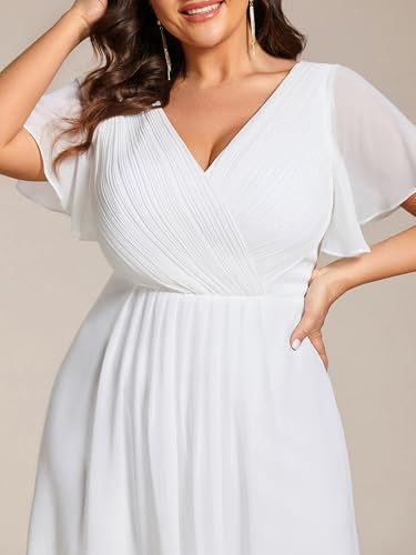 Image of Ever-Pretty Plus Summer Short Sleeves V-Neck Formal Wedding Guest Dresses for Curvy Women Chiffon Midi Cocktail Party Dress