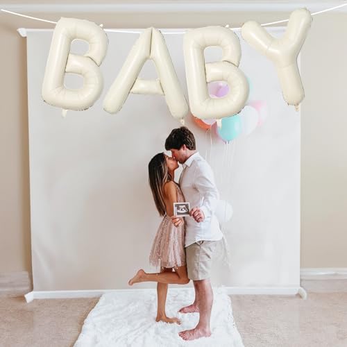 Image of 40 Inch Beige BABY Balloon for Baby Shower, Large Cream White Baby Foil Balloons Letters with Ribbon, Neutral Ivory Alphabet Baby Mylar Balloon Banner Sign for Gender Reveal Backdrop Party Decorations