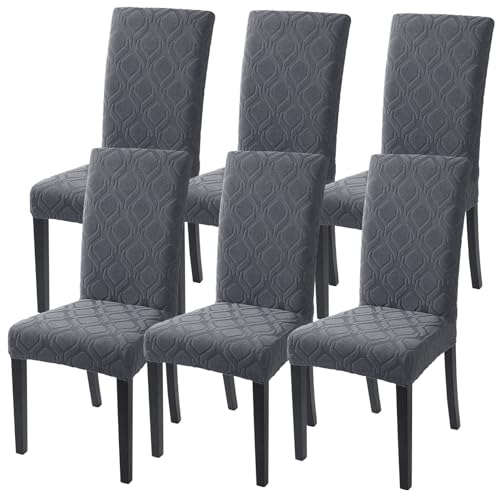 Image of SearchI Dining Room Chair Covers Set of 6, Stretch Jacquard Parsons Chair Slipcovers Super Fit Spandex Removable Washable Kitchen Chair Protector Cover for Dining Room, Hotel, Ceremony (Grey)