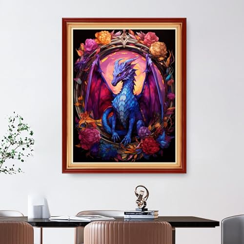 Image of Foxdiviy Cross Stitch Kits - Dragon Flower 16x20 inch - 11CT Embroidery Patterns - Art Crafts DIY Needlepoint Kits for Beginners Adults