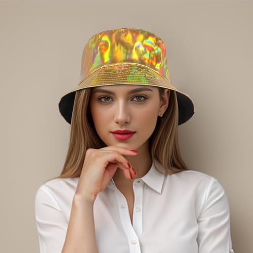 Image of Unisex Black Bucket Hat Waterproof Rain Hat Reversible Shiny Rave Bucket Hat for Concert Festival