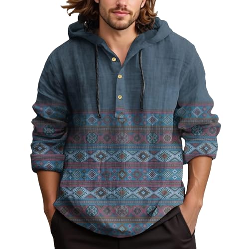 Vekewsap Sudadera con capucha bohemia para hombre, camisa de lino con botones con capucha, camisa ligera de verano, cómoda camisa informal Henley, sudadera con capucha, estampado africano, camisas de