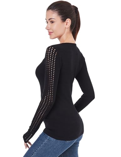 AmélieBoutik Women Crew Neck Eyelet Trim Long Sleeve Knit Top Sweater3