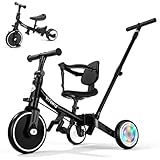 VITONIS Tricycle 5 en 1 pour Enfants de 18 Mois à 3 Ans, avec Roues Clignotantes, Tricycle avec Barre de poussée, Dossier et Ceinture de sécurité, Cadeau, vélo sans pédales, Noir