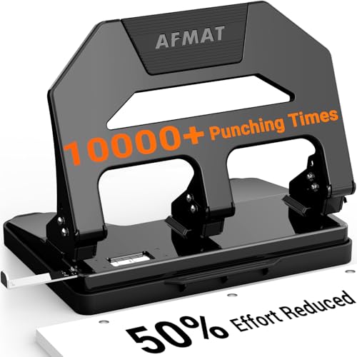 AFMAT Heavy Duty 3 Hole Puncher 40-Sheet Paper Punch Heavy Duty 50% Reduced Effort Three Hole Punch 10K+ Uses Metal Hole Puncher 3 Ring w/Large Tray Bulit-in S.S. Paper Guide HPX2(Black)