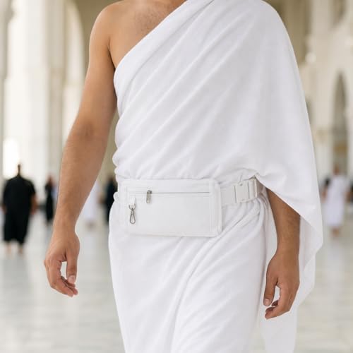 Image of Ihram Ahram Belt for Men | Hajj Umrah Bag | White Polyester Waterproof | 3 Pocket Zipper | Adjustable Strap | Fits Waist Size 28 to 42 | Nafeed