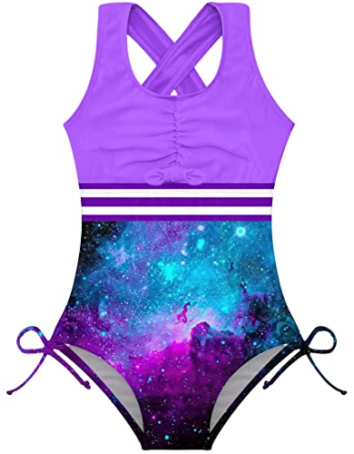 Image of BFUSTYLE Girls One Piece Swimsuit Cute Striped Bathing Suit Hawaii Swimwear 6-17 Years