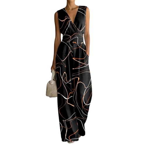 Udbeksid Monos Largo Mujer Verano - Jumpsuit Lino Casual Elegante Pierna Ancha, Mono Sin Mangas Cuello en V Cintura Alta con Bolsillos, Ropa Estampado Ligera para Fiesta y Vacaciones (XL,10)