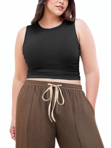 CIDER Plus Size Tops for Women Sleeveless Ruched Crew Neck Crop Tank Top Summer Casual Outfits2