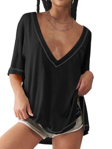 Tankaneo Womens Oversized Tshirts Deep V Neck Short Sleeve Tops Summer Casual Loose Fit Side Slit Tunic Shirts Black