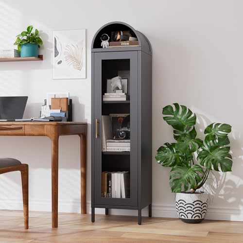 Image of 63 inch H Metal Arched Display Cabinet with 2 Adjustable Shelves, Arch Bookcase with 1 Glass Door for Dining Room, Living Room, Office, Bathroom, Assembly Required (Black)