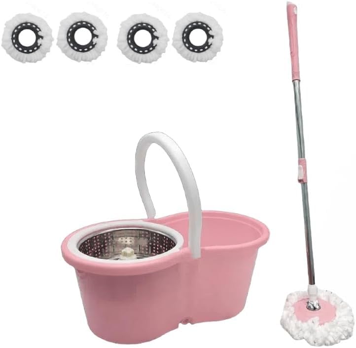 NINGHUAZHU Spin Mop and Bucket Set 360 Rotating Self-Wringing Floor Cleaner with Stainless Steel Basket 4 Microfiber Mop Heads (Pink)