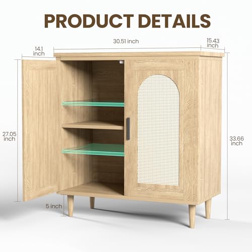 GarveeHome Sideboard Buffet Kitchen Storage Cabinet with Rattan, Solid Wood Feet for Living Room, Hallway, Entryway, Cabinet with Ample Storage Space (Natural, 2 pcs)
