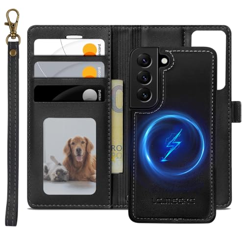 XTCASE Leder Hülle für Samsung Galaxy S22 5G Magnetisch Kompatibel mit MagSafe, 2 in 1 Abnehmbare Handyhülle Flip Case [Kabelloses Laden] [Kartenfach] [Ständer] Klappbare Klapphülle, Schwarz