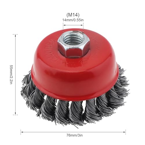 Image of ChgImposs 2 Pcs 3 inch Cup Wire Brush, 0.02 inch Twisted Knotted Carbon Brush Wire with 5 /8 inch-11 (M14) UNC Threaded Arbor for Rust, Corrosion, Paint Removal. Wire Cup Wheels for All Brands 4-1 /2 Angle Grinder