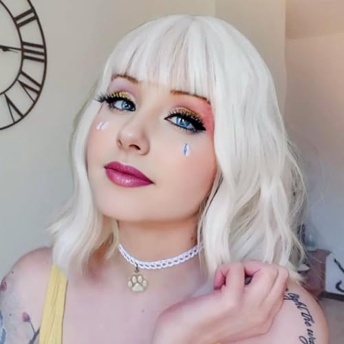 Image of AGO White Wavy Wig with Bangs,Short Curly Bob Wig Shoulder Length 14Inch Synthetic Hair for Women Girl Heat Resistant Synthetic Colorful Wigs for Daily Party Halloween Cosplay Use(60#White)