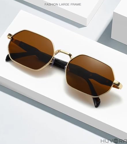 Image of Retro Hexagonal Designer UV Protected Unisex Oval Sunglasses for Men Women | Stylish UV400 Protection Metal Frame Branded Geometric Goggles for Driving Fashion Party Sqaure Shades