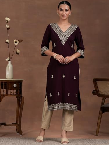 Image of Libas Womens Embroidered Viscose Straight Kurta for Women | Ethnic wear | Bridal Suit | Wedding Dress | Occasion wear