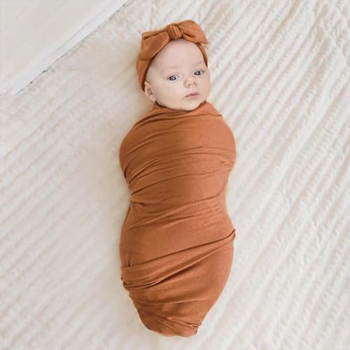 Image of GRSSDER Newborn Swaddle Blanket, Ultra Soft Jersey Receiving Blanket with Matching Headband and Beanie Set 33x44 inch, Stretchy Baby Neutral Swaddle Wrap for Girls and Boys