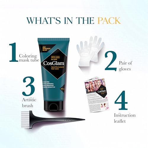 Image of Cosglam Semi Permanent Hair Color - Peacock Blue (#52) for Women & Men (120g) | Vegan Colorful Hair Dye | No Ammonia, No Peroxide | Non-Oxidative | Conditioner Enriched Glossy Finish