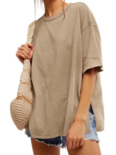 Image of Tankaneo Womens Oversized Tshirts Summer Casual Short Sleeve Crew Neck T Shirt Loose Fit Side Slit Tee Tops
