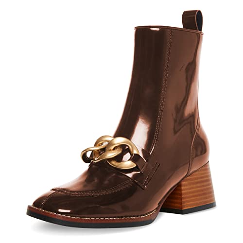 FSJ Women Fashion Chain Square Toe Block Mid Heel Ankle Boots Classic Side Zipper Casual Walking Ladies Shoes Size 4-15 US