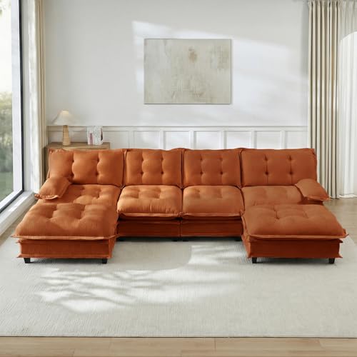 Image of 138 inch U-Shaped Sectional Couches for Living Room, Orange 4 Seater Modern Chenille Deep Seat Sofa Set, Salas para Casa, High Back Cloud Couch Modular Sectional Sets with 2 Ottoman