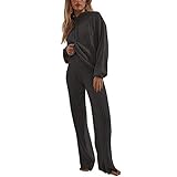 Vertvie Damen 2 Stück Strickanzug aus Langarm Strickpullover mit Kapuze Und Lange Jogginghose Zweiteilige Beiläufig Outfit Freizeitanzug Sportanzug Loungewear Set