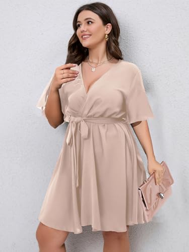 Image of SCOMCHIC Women's Plus Size Summer Dresses Short Sleeve Wrap V Neck A Line Skater Mini Short Dress XL-4XL