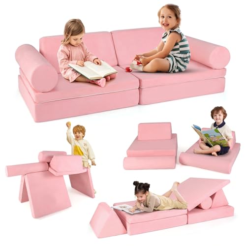 Costzon 8 Pcs Modular Kids Play Couch, Toddler Sectional Sofa Chair, Convertible Baby Pink Sofa & Floor Cushion, Bedroom & Playroom Furniture for Building Fort Gift for Boys Girls 3+ (Pink)