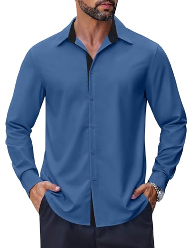 COOFANDY Untucked Shirts for Men Wrinkle Free Long Sleeve Dress Shirts Business Casual Textured Button Up Shirts Navy Dark Blue XXL 2XL