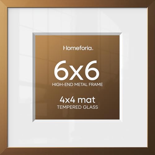 Image of Homeforia 6x6 Picture Frames Bronze, High End Metal 6 x 6 Square Photo Frame with Mat 4 by 4, 6x6 Brass Frame Matted to 4x4 inch Print, 6by6 Wall or Tabletop Frames, Tempered Glass, Wall Kit, Set of 2