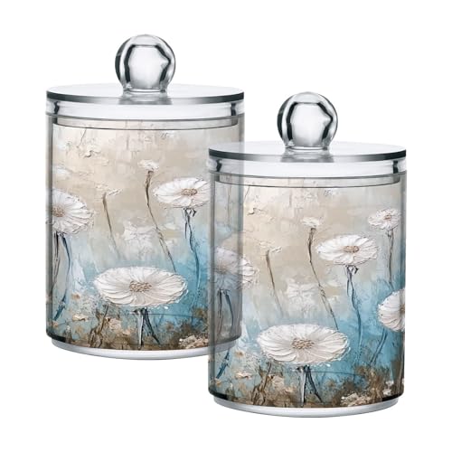 Haskirky 2 Pack Dandelion Qtip Holder Dispenser,Clear Plastic Apothecary Jars with Lids Home Decor Kitchen Storage Jar for Cotton Ball, Cotton Swab,Floss,10 OZ