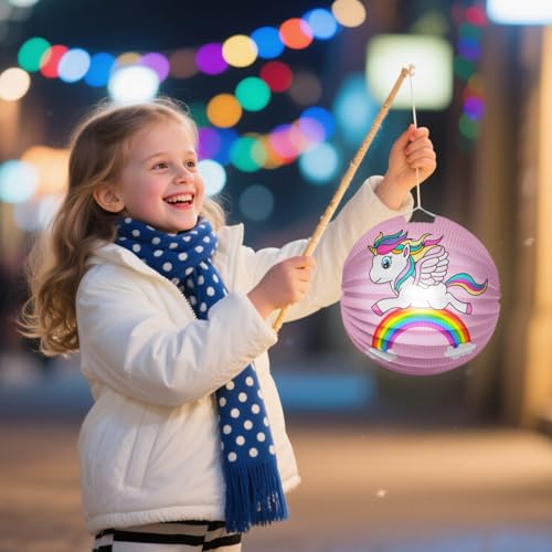 Laterne Kinder St Martin,2 Stück Lampion Kinder,Papierlaterne für Sankt Martin,Martinslaterne Jungen und Mädchen für Umzug St.Martin,Halloween (Ø 22cm-2 Stile Einhorn)
