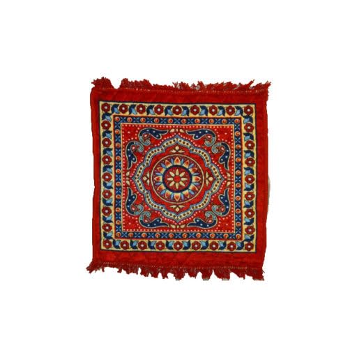 Velvet Pooja Mat 2x2 Ft (24x24 Inch) — Traditional Mandala Print Puja Asan for Home Mandir, Soft Meditation Aasan Rug with Fringe Border, Multipurpose Prayer Mat, (Red Pack of 1)-image-2
