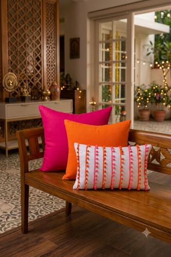 Image of Preppy Pom Pom Cushion Cover, Pink Orange White Decorative Throw Pillow Cover, Colorful Dorm Room Decor, Sorority Style Accent Pillow for Bedroom, College Apartment Preppy Cushions