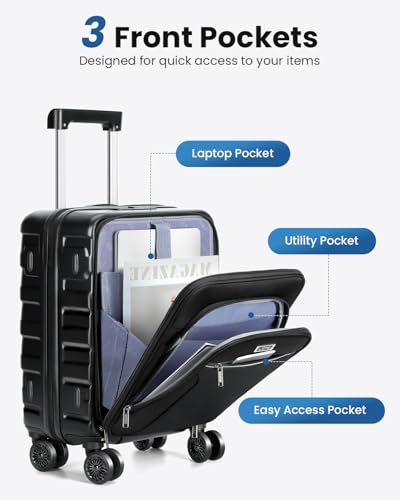 Lekebobor 18 Inch Carry On Luggage Airline Approved, Hybrid Soft Hard Shell Suitcase with Removable Spinner Wheels, TSA Lock, Front Pocket for Travel, Black4