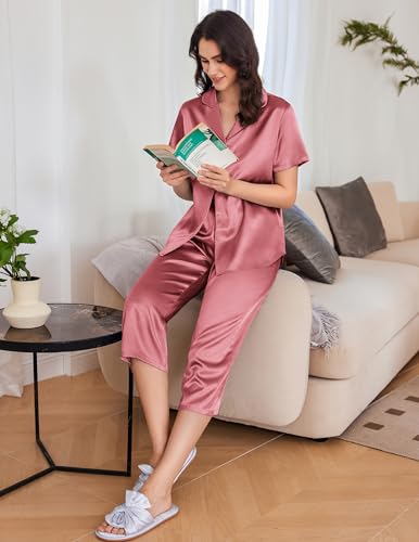 Ekouaer Womens Satin Pajamas Silk Capri Pjs 2 Piece Lounge Sets Short Sleeve Button Down Sleepwear