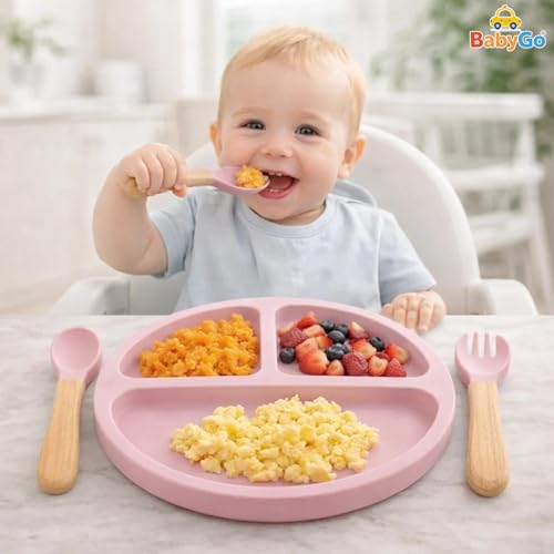 Image of BabyGo Silicone Suction Plate with Spoon for Babies | Microwave, Dishwasher & Freezer Safe | Unbreakable Feeding Plate with 4 Suction Cups for Babies & Toddlers | BPA-Free (Pink)
