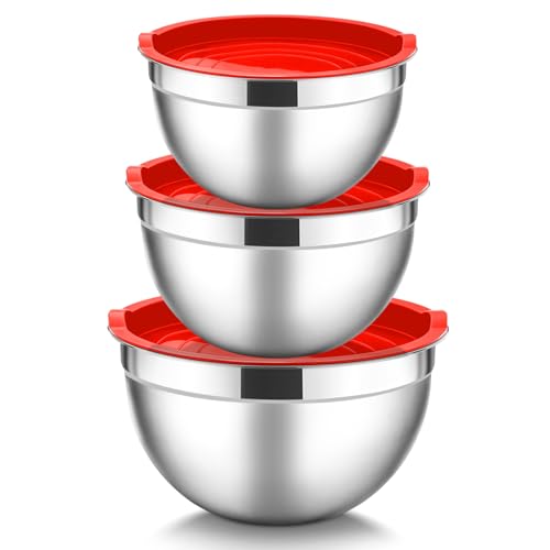 HaWare Stainless Steel Mixing Bowls Set of 3, Nesting Salad Bowls with Airtight Lids, Metal Serving Bowls for Baking/Prepping/Food Storage, Heavy Duty & Dishwasher Safe - 1.5/3/4.5QT, Red
