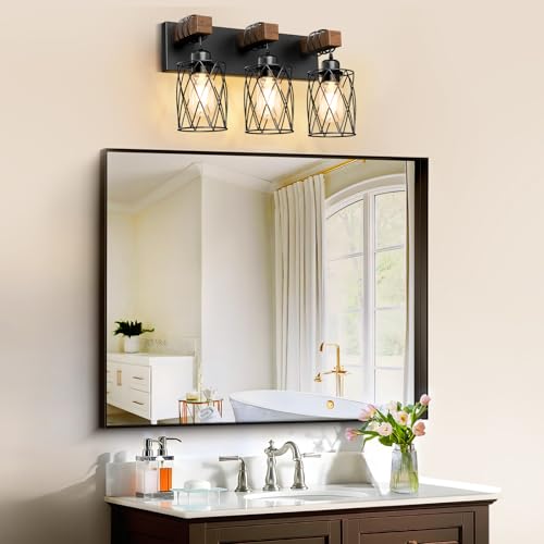 Image of IZORRO Farmhouse Bathroom Vanity Light, 3-Light Wood Bathroom Light Fixtures Over Mirror, Black Industrial Vanity Lights with Metal Shade, Rustic Restroom Lighting Fixtures