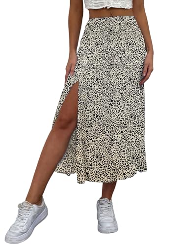 GORGLITTER Damen Rock Sommer Leicht Und Luftig Leoparden Midirock A Linie Sommerrock Mit Schlitz Freizeitrock Lang Strandrock mit Leopardenmuster Gelb M