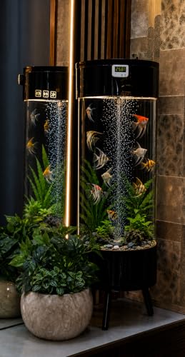 Image of MH9 55 Litre Smart Cylindrical Aquarium-500L /H Powerful Filter,Dual LED,Oxygen Bubble System,Water & Bio Waste Drainage System,Switch Control,Digital Temp. Display,SS Leg Stand (33x33x100cm) Black