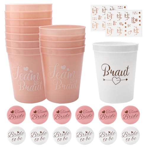 12pcs Jga Accessoires Frauen Team Braut Bachelor Party Cup, Junggesellenabschied Frauen, Jga Becher, Jga Deko Frauens, Bride To Be, Team Bride mit 12 Badges und 2 Tattoo-Aufkleber