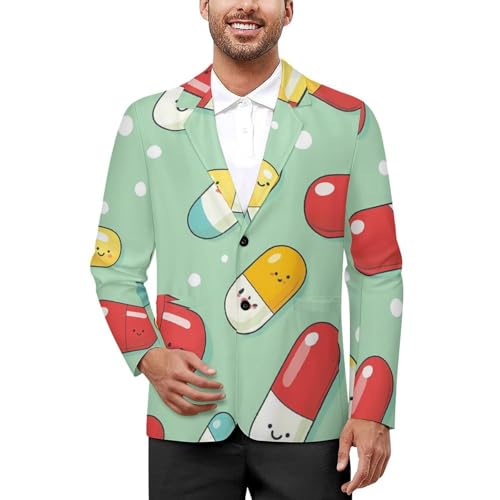 Pill Capsules Pattern Classic Suits Blazer for Men Business Tuxedo Jacket Sport Coat Two Buttons