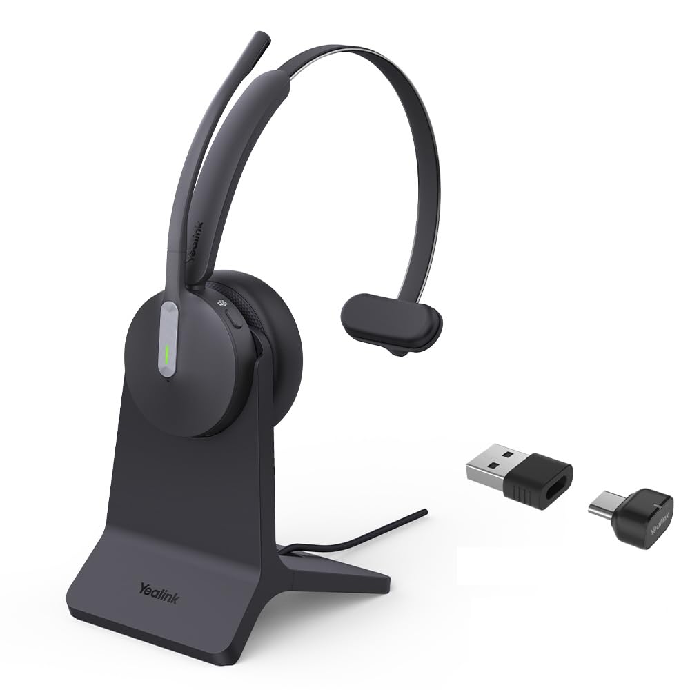 Yealink BH70 Mono bezprzewodowy zestaw słuchawkowy Bluetooth ze stojakiem ładującym i USB-C/A do połączenia z komputerem - certyfikowany dla zespołów