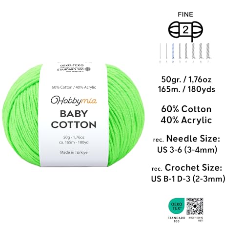 Image of Baby Cotton Blend Yarn - Soft Sport Weight Yarn for Crochet & Amigurumi - 50g /180yds - 60% Cotton 40% Acrylic - Ideal for Baby & Knitting Proj.(Neon Green, 1 Ball)
