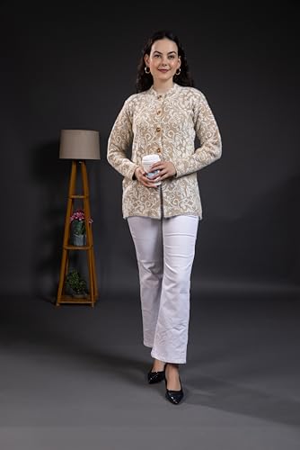 Image of Wear lusso Women Woolen Round Neck Self Design Cardigan | Heavy Hair Fabric Winter Wear | Pure Wool Long Cotty Fully Warm Cardigan Sweater